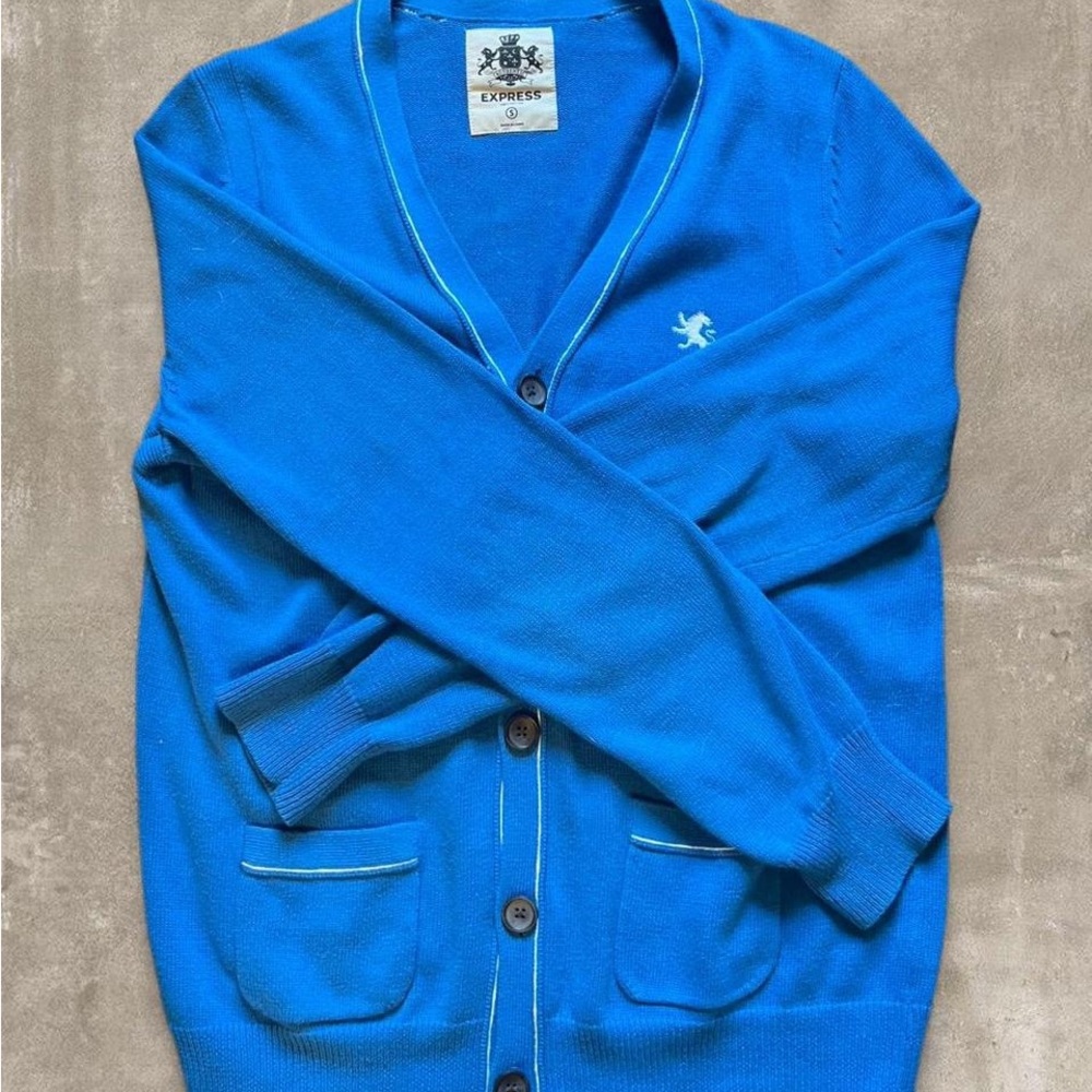 Vintage Express Blue Button Front V neck Cardigan Sweater Small Preppy Classic